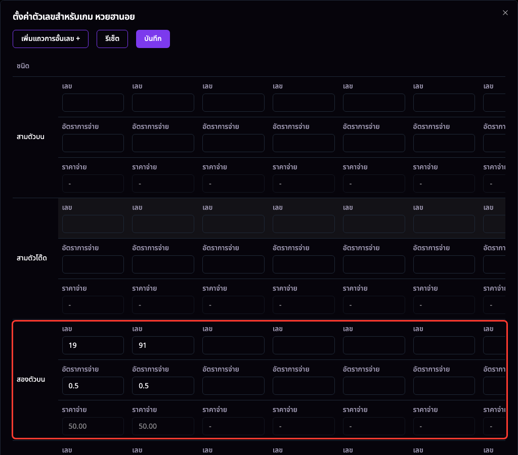 อั้นตัวเลข ของเกม หวยฮานอย: สองตัวบน เลข 19 และ 91 จ่ายครึ่งราคา